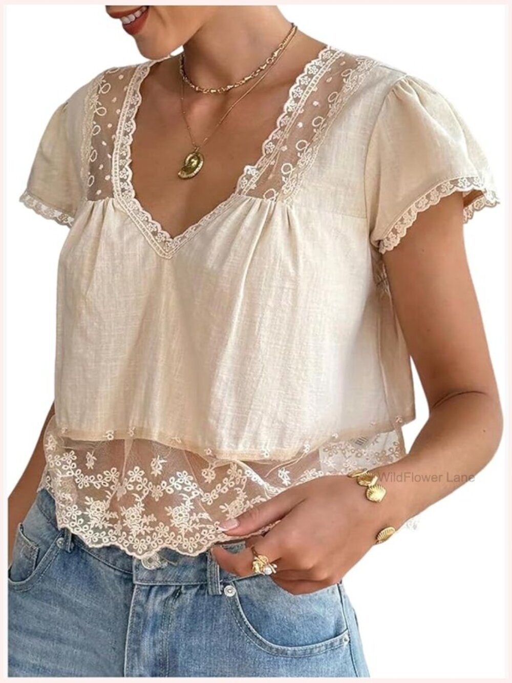 Women's Lace Babydoll Crop Top V Neck Cap Sleeve Tie Back Blouse